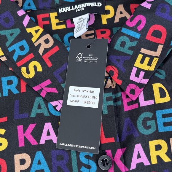 New Women’s Karl Lagerfeld AOP Spellout Short Sleeve Blouse Top Plus Size 2X NWT - Picture 3 of 7